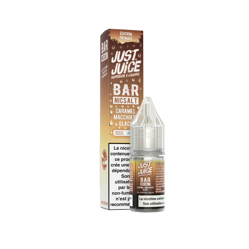 E-liquide Caramel Macchiato Glacé Sel de Nicotine 10ml Bar Nicsalt Just Juice - saveurs café macchiato, caramel, fraîcheur 10 mg