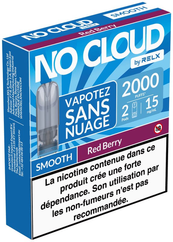 Cartouches No Cloud Smooth 15mg Par 2 Red Berry - RELX - Alliancetech.fr