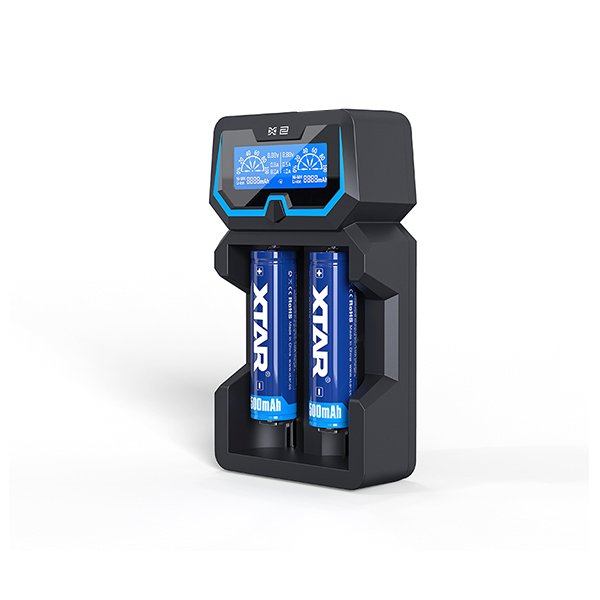 Chargeur X2 2 slots - XTAR - vue 3 du chargeur d’accus