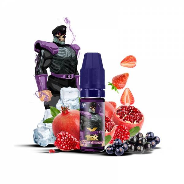 E-liquide Dark Shigeri Sel de Nicotine 10ml XFighter 15K Fighter Fuel - saveurs cassis, fraise, grenade, fraîcheur (visuel ingrédients)