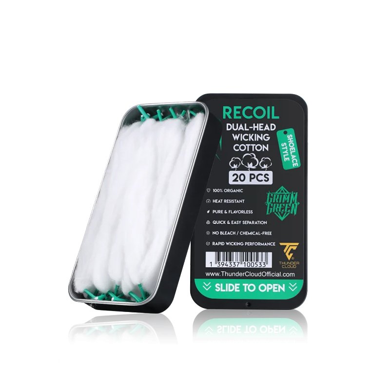 Lacets de coton Recoil Dual Head (X20) - Thunder Cloud x Grimm Green - boîte ouverte avec les lacets Recoil Dual Head