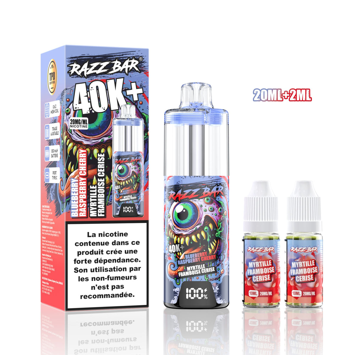 Puff RazzBar 40K+ Blueberry Raspberry Cherry - 20mg/ml