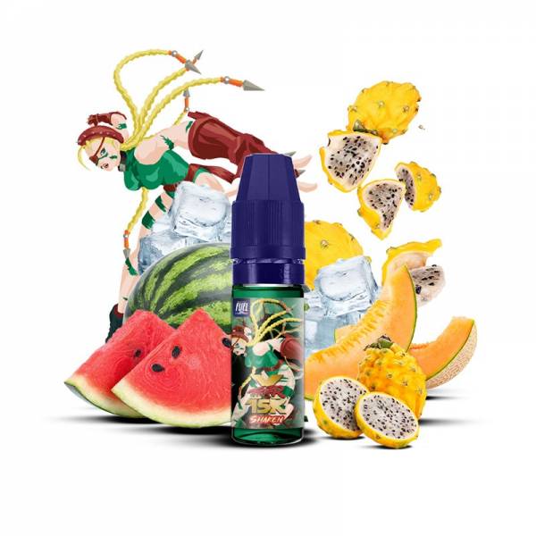 E-liquide Shaken Sel de Nicotine 10ml XFighter 15K Fighter Fuel - saveurs ananas, mangue, fruit de la passion, fraîcheur (visuel ingrédients)