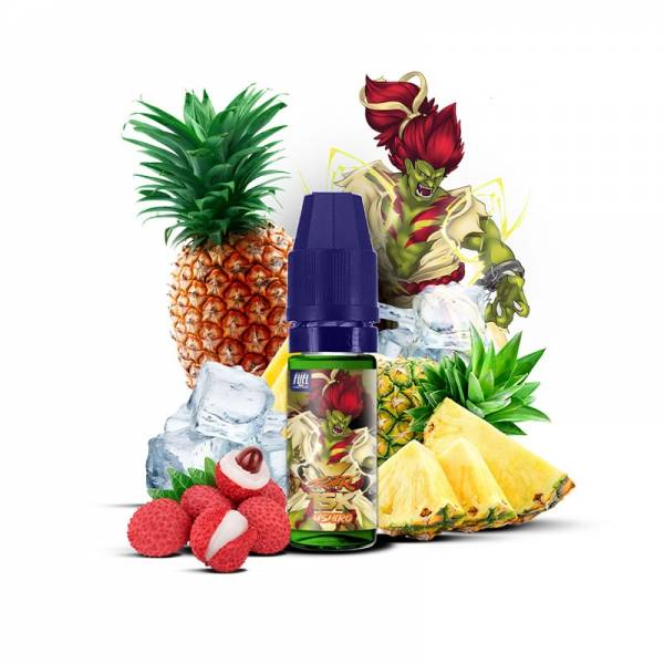 E-liquide Ushiro Sel de Nicotine 10ml XFighter 15K Fighter Fuel - saveurs ananas, litchi, fraîcheur (visuel ingrédients)