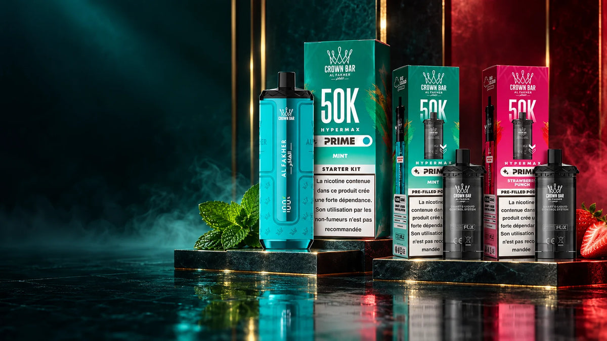 Al Fakher Crown Bar 50K Mint avec cartouches Mint et Strawberry Punch