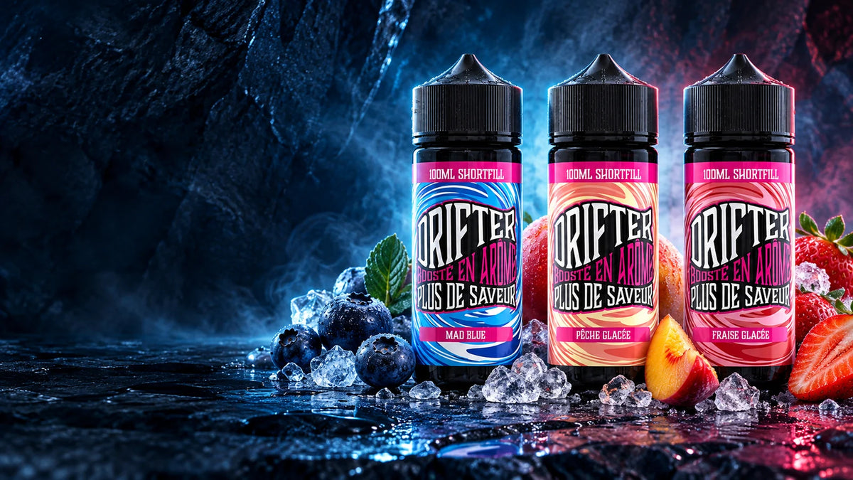 E-liquides Drifter 100 ml Mad Blue, Pêche Glacée et Fraise Glacée