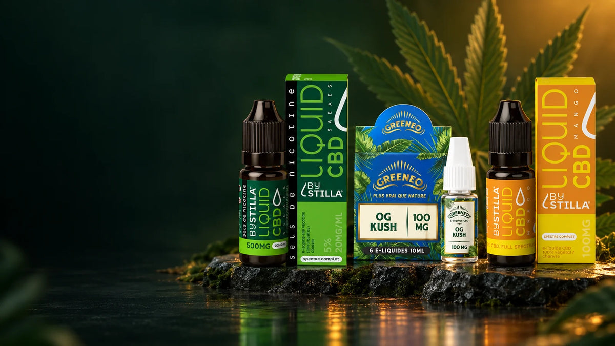 E-liquides CBD By Stilla 5 Leaf et Mango avec Greeneo OG Kush