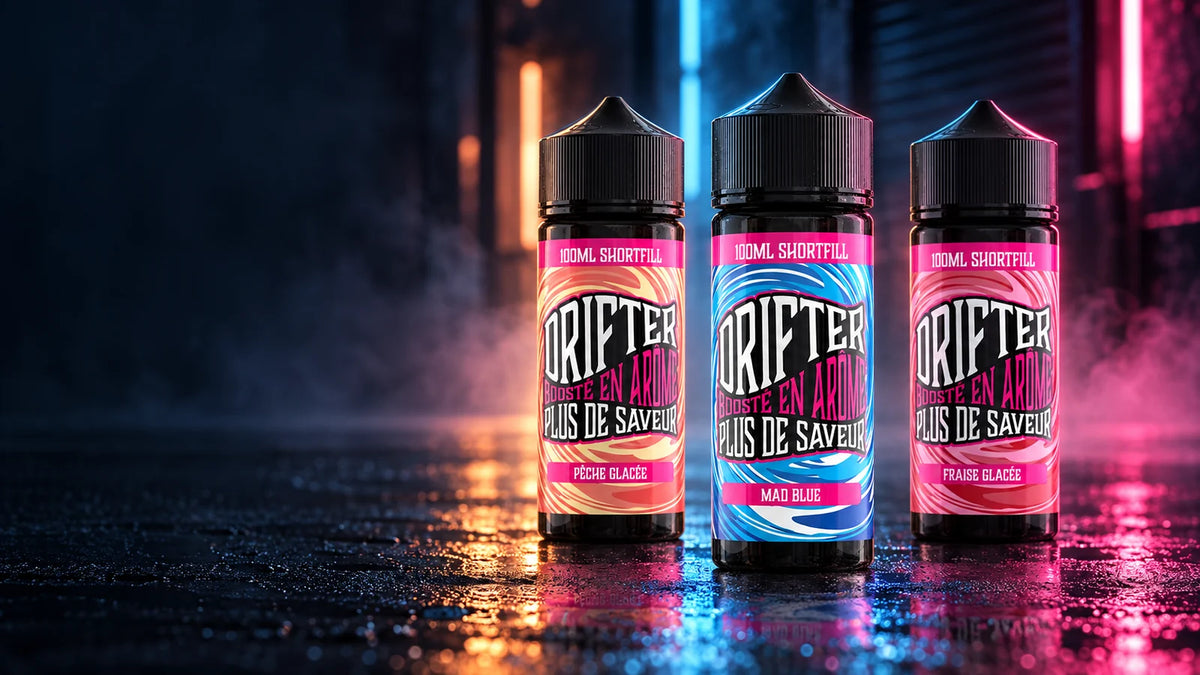 E-liquides Drifter 100ml Mad Blue, Pêche Glacée et Fraise Glacée