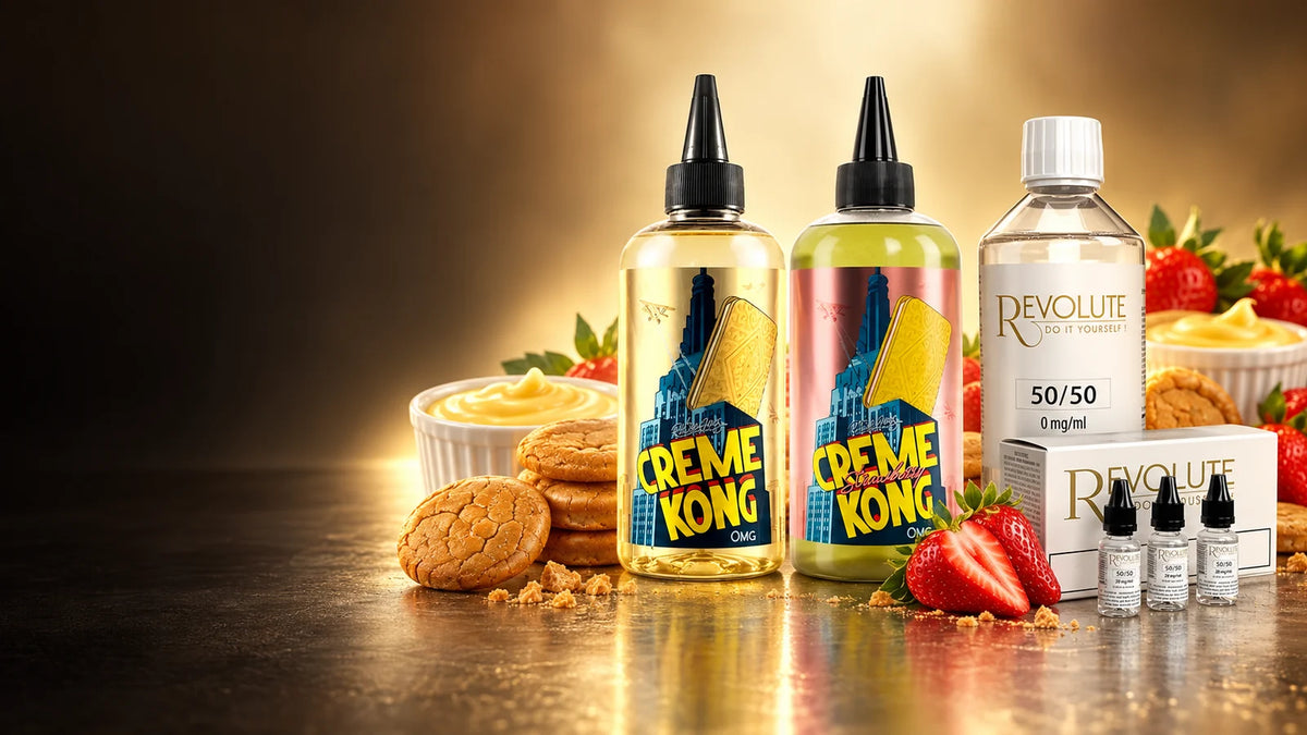 E-liquides grand format Crème Kong 200 ml et base Revolute 200 ml
