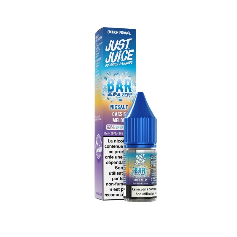E-liquide Cassis Melon Sel de Nicotine 10ml Bar Below Zero Just Juice - saveurs cassis, melon, fraîcheur intense 10 mg
