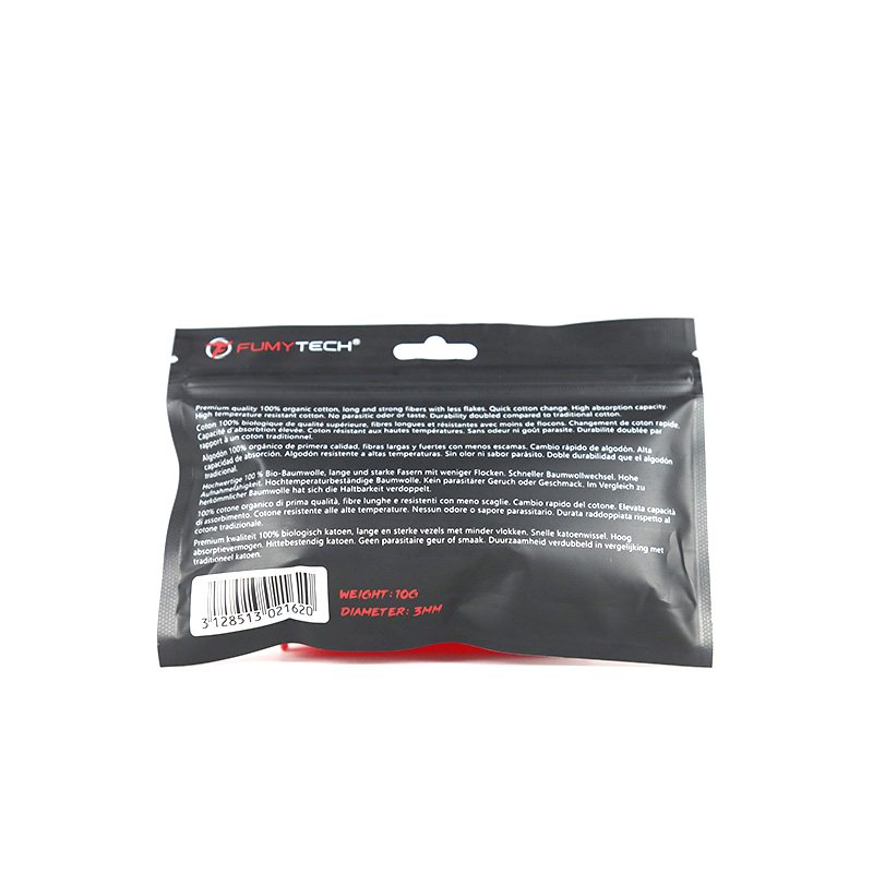 Coton Premium organique 3 mm - Fumytech - dos du sachet et informations produit