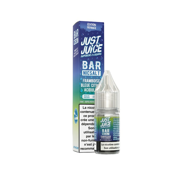 E-liquide Framboise Bleue Citron Acidulés Sel de Nicotine 10ml Bar Nicsalt Just Juice - saveurs framboise bleue, citron acidulé 10 mg