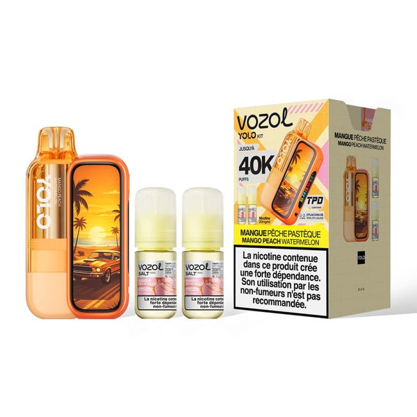 Puff rechargeable Yolo 40K Mangue Pêche Pastèque Vozol - kit avec cartouche 10ml et 2 e-liquides 20mg