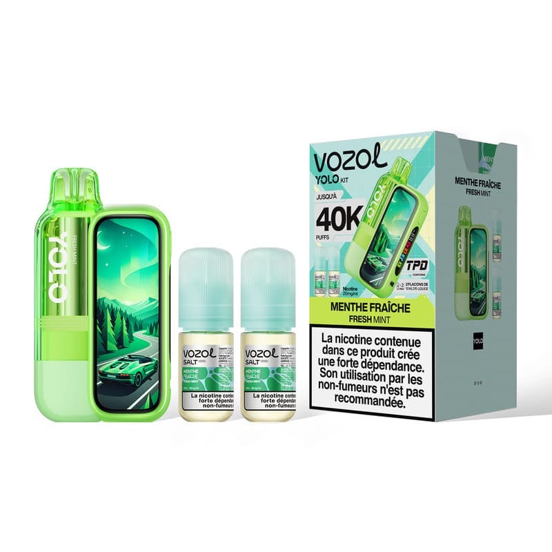 Puff rechargeable Yolo 40K Menthe Fraîche Vozol - kit avec cartouche 10ml et 2 e-liquides 20mg