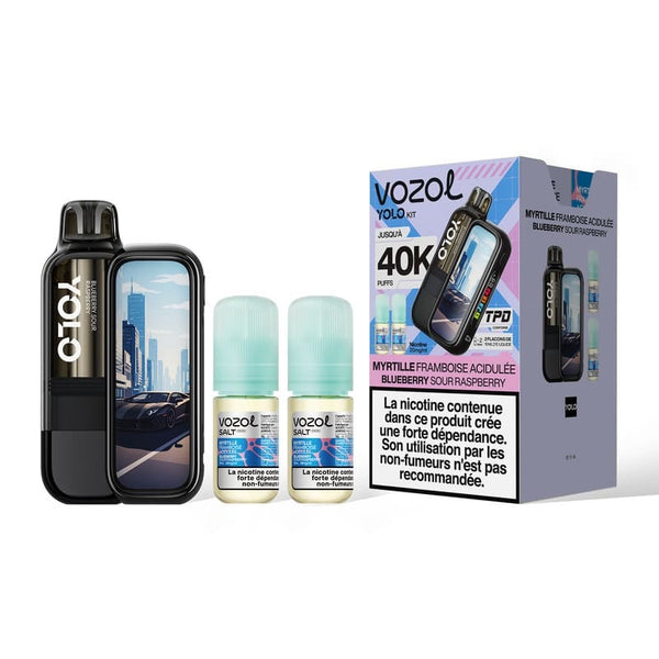 Puff rechargeable Yolo 40K Myrtille Framboise Acidulée Vozol - kit avec cartouche 10ml et 2 e-liquides 20mg