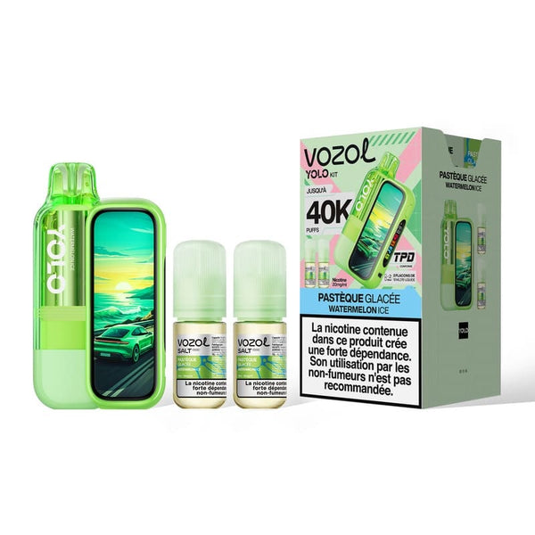 Puff rechargeable Yolo 40K Pastèque Glacée Vozol - kit avec cartouche 10ml et 2 e-liquides 20mg