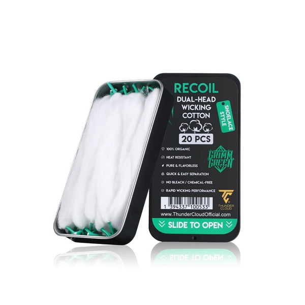Lacets de coton Recoil Dual Head (X20) - Thunder Cloud x Grimm Green - boîte ouverte avec les lacets Recoil Dual Head