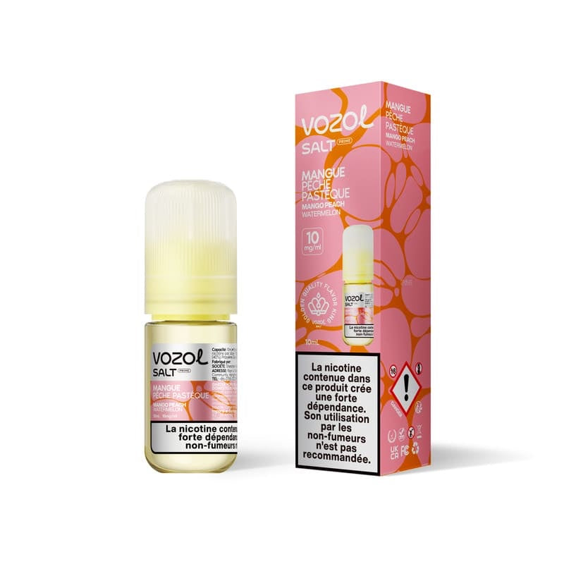 E-liquide Mangue Pêche Pastèque Sel de Nicotine 10ml Vozol - saveurs mangue, pêche, pastèque 10 mg