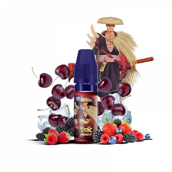 E-liquide Nagashi Sel de Nicotine 10ml XFighter 15K Fighter Fuel - saveurs cerise, fruits rouges, fraîcheur (visuel ingrédients)