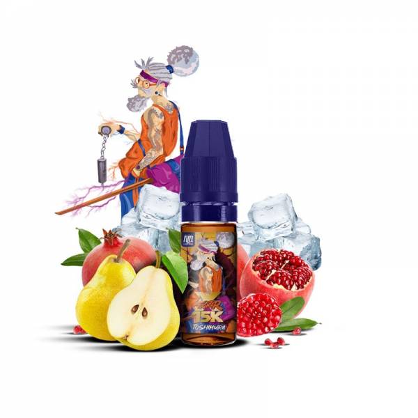 E-liquide Toshimura Sel de Nicotine 10ml XFighter 15K Fighter Fuel - saveurs poire, melon, grenade, fraîcheur (visuel ingrédients)